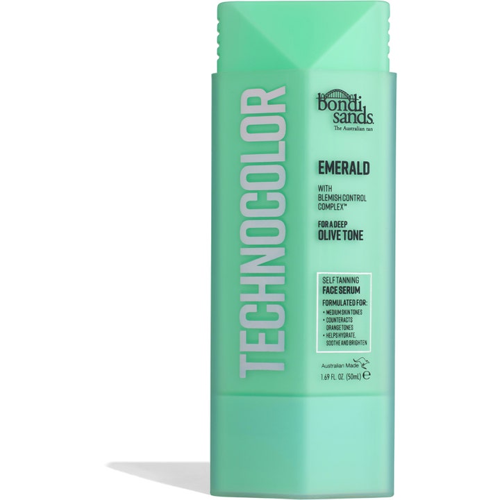 Bondi Sands Technocolor Emerald Self Tanning Face Serum 50ml giver en dyb olivenfarve i en mintgrøn mat flaske.