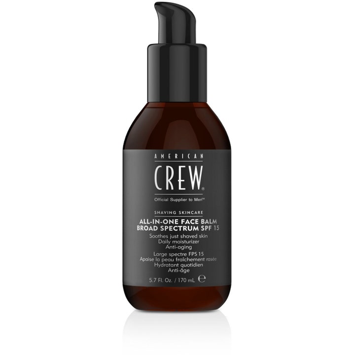 American Crew All-In-One Face Balm 170 ml beroligende ansigtscreme i mørk glasflaske med sort pumpe