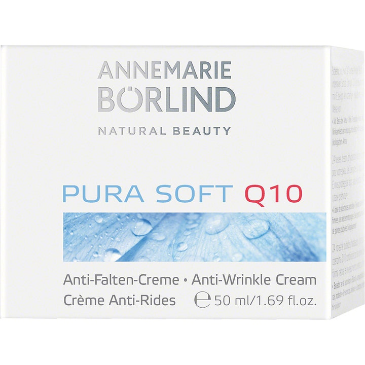 Annemarie Börlind Pura Soft Q10 50 ml anti-rynke dagcreme i hvid papæske med blåt motiv af vanddråber