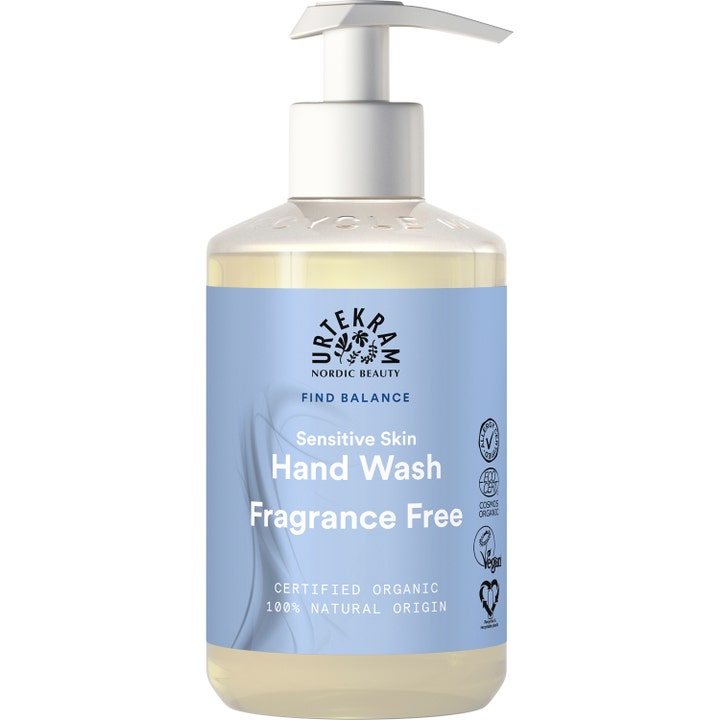Urtekram Fragrance Free Hand Wash 300 ml beroligende håndsæbe i gennemsigtig flaske med hvid pumpe