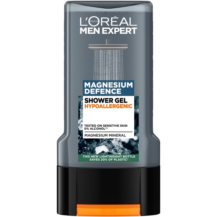 L'Oréal Men Expert Magnesium Defence brusegel til sensitiv hud i en grå gennemsigtig flaske med sort og orange låg