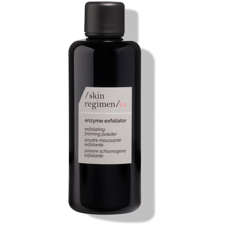 /skin regimen/Lx Enzyme Exfoliator eksfolierende skummende pulver i en sort blank flaske med sort låg