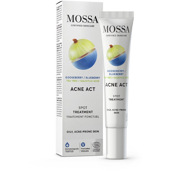 MOSSA ACNE ACT Spot Treatment 10 ml mod urenheder i hvid tube og æske med salicylsyre og bærillustration