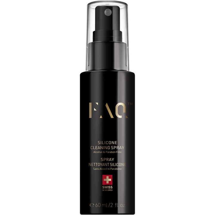 FAQ Silicone Cleaning Spray 60 ml rengøringsspray i sort flaske med guldlogo og gennemsigtig hætte til hygiejnisk pleje.