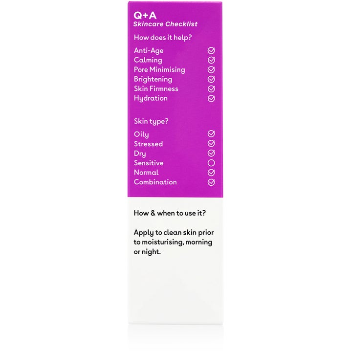 Q+A Azelaic Acid Facial Serum 30 ml beroligende serum i lilla emballage med tjekliste og brugsvejledning