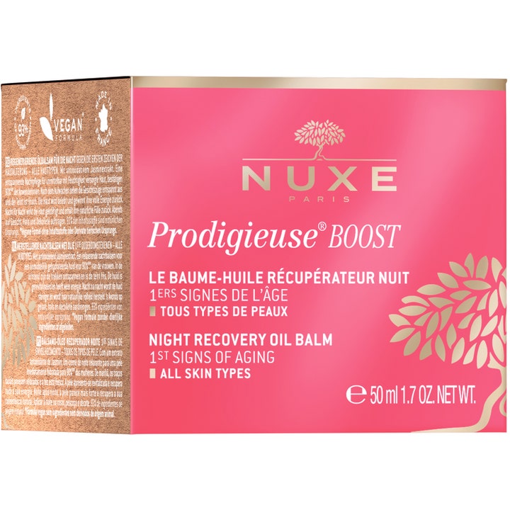 Nuxe Créme Prodigieuse Boost Night Recovery Oil Balm 50 ml mod de første alderstegn i lyserød og guld æske.