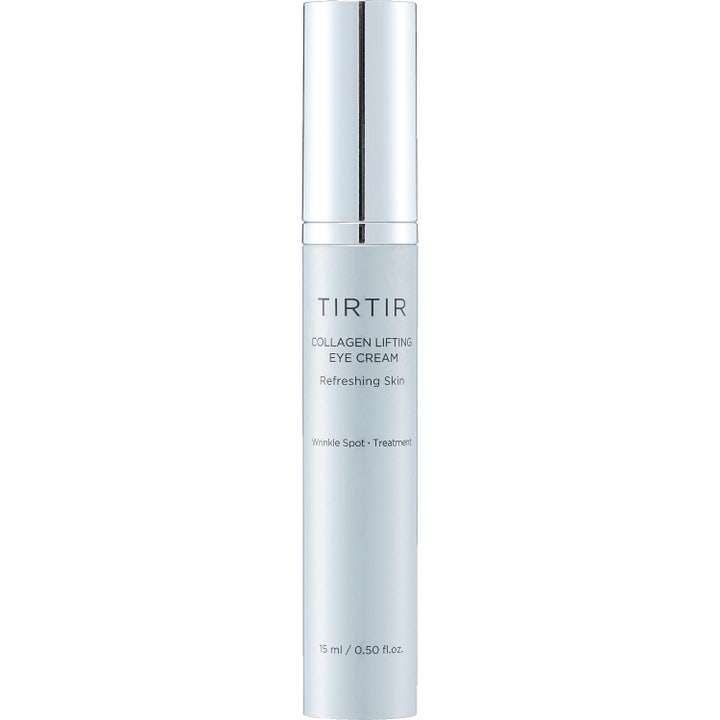 TIRTIR Collagen Lifting Eye Cream 15 ml opstrammende øjencreme i en slank sølvfarvet tube med metallisk finish