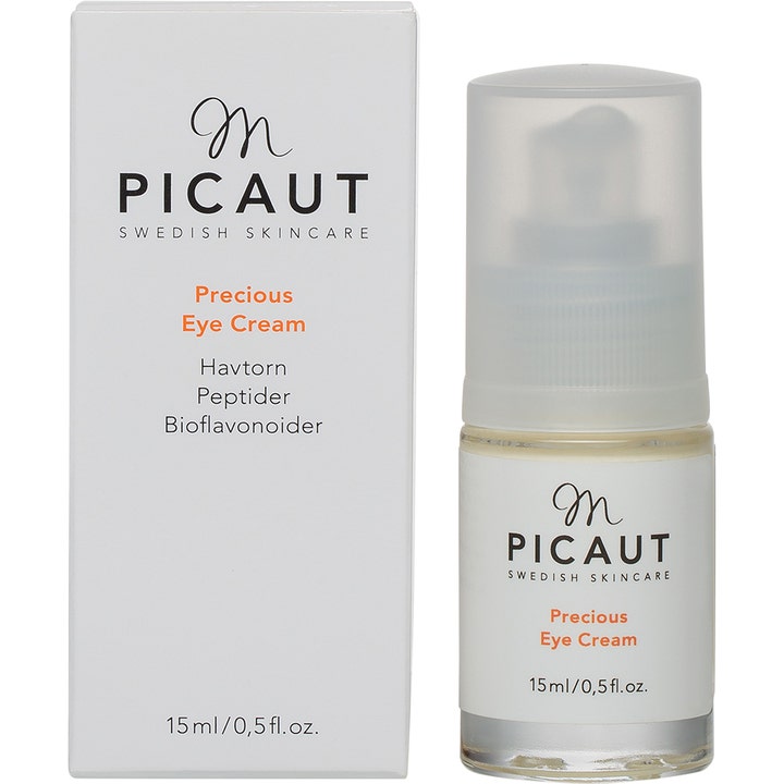 M Picaut Precious Eye Cream 15 ml øjencreme med havtorn i glasflaske med pumpe og hvid æske.