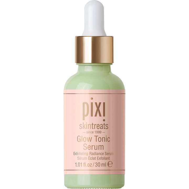 Pixi Glow Tonic Serum 30 ml eksfolierende ansigtsserum i lysegrøn glasflaske med guldhætte og pipette.
