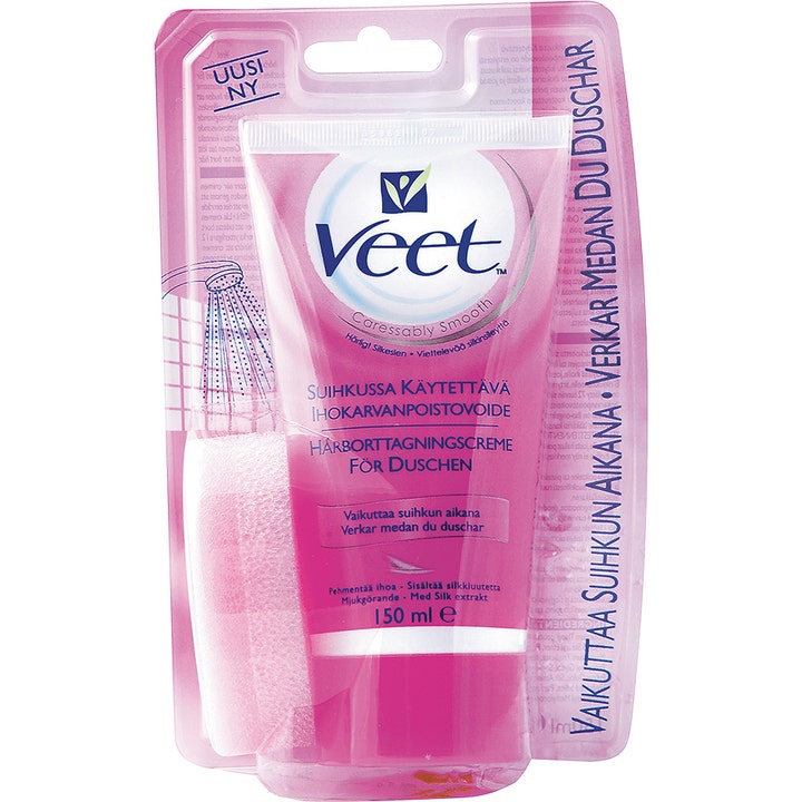 Veet Caressably Smooth Hårborttagningscreme 150 ml blødgør huden i badet i en lyserød tube med tilhørende svamp