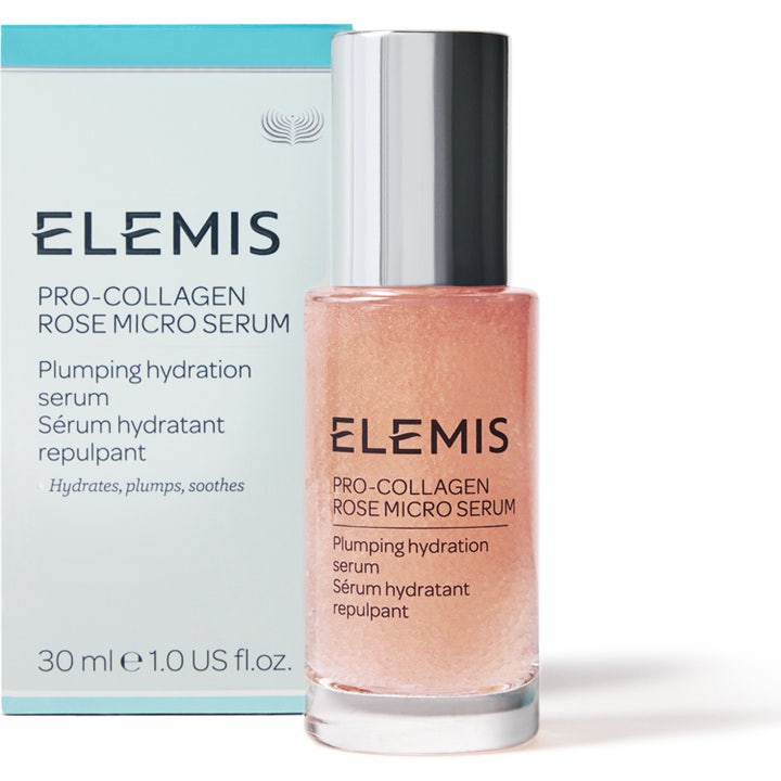 Elemis Pro-Collagen Rose Micro Serum 30 ml plumping ansigtsserum med lyserøde perler i glasflaske med sølvlåg