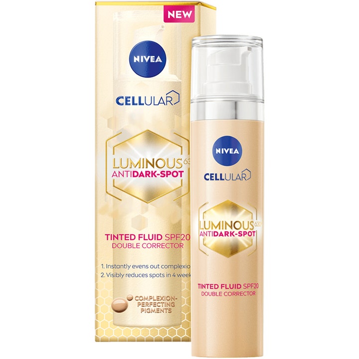 Nivea Luminous 630 Cellular Tinted Fluid 40 ml dagcreme mod mørke pletter i beige pumpeflaske med guldæske