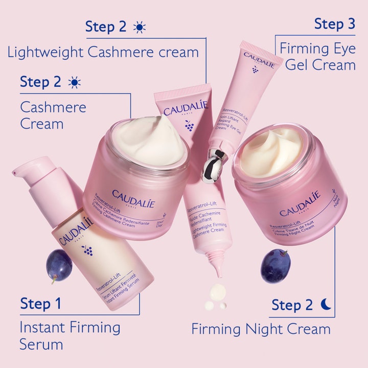 Caudalie Resveratrol-Lift Firming Eye Gel Cream 15 ml opstrammende øjencreme i lyserød tube som trin 3 i en hudplejerutine.