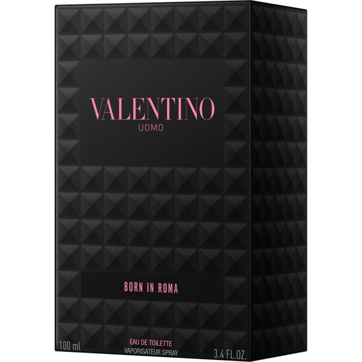 Valentino Born in Roma Uomo Eau de Toilette 100 ml herreduft i nittet glasflakon ved siden af sort æske