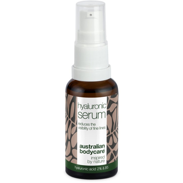 Australian Bodycare Hyaluronic Serum 30 ml fugtgivende ansigtsserum i brun glasflaske med hvid pumpe