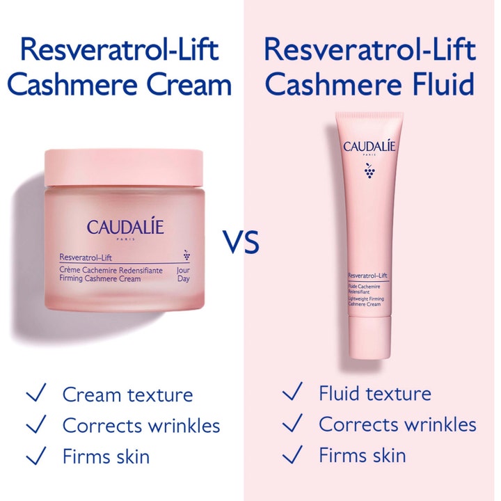 Caudalie Resveratrol-Lift Cashmere Cream 40 ml dagcreme viser forskel på creme i krukke og fluid i tube mod rynker.