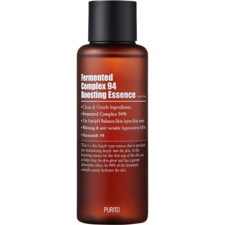 Purito Fermented Complex 94 Boosting Essence 150ml fugtgivende essence med niacinamide i brun flaske med sort skruelåg.