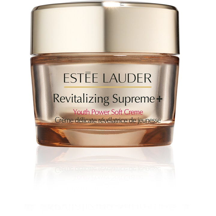 Estée Lauder Revitalizing Supreme+ Youth Power Soft Creme opstrammende ansigtscreme i guldtonet glaskrukke med guldlåg
