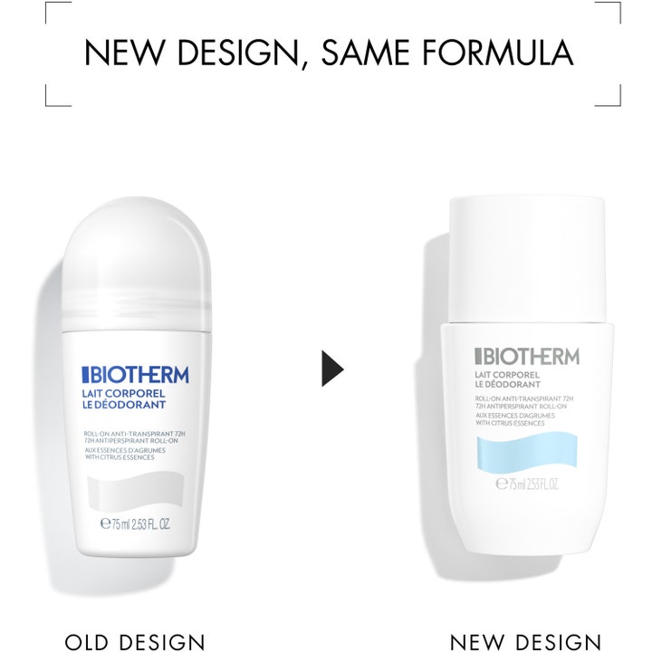 Biotherm Lait Corporel Deodorant 75 ml antiperspirant viser nyt og gammelt hvidt roll-on design med citrusessens.