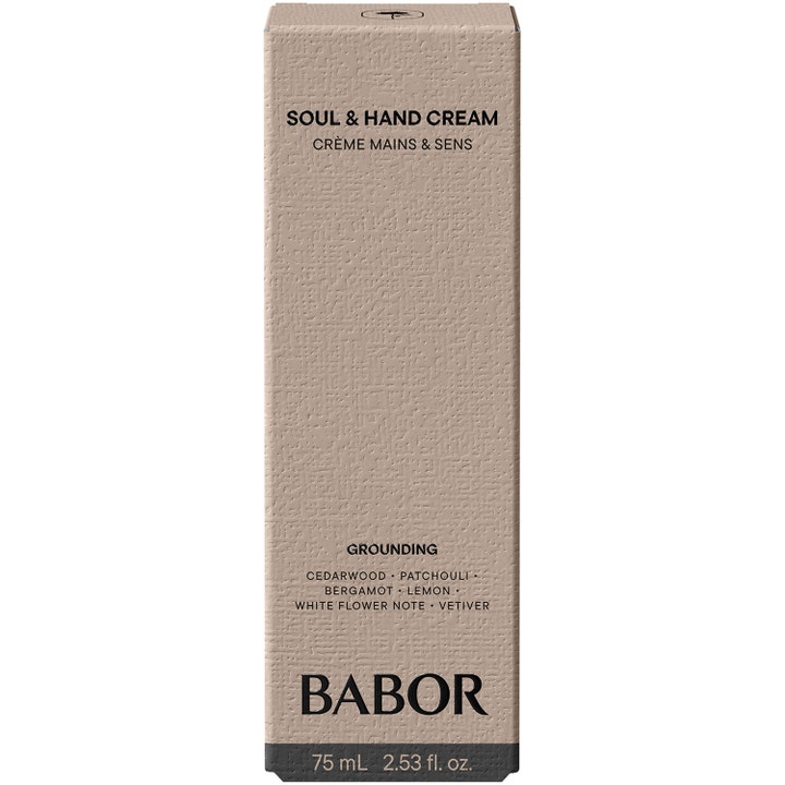 Babor Soul & Hand Cream 75 ml fugtgivende håndcreme i beige tekstureret emballage med Grounding duftnoter.