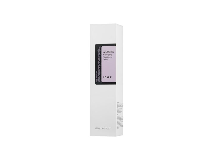 COSRX AHA/BHA Clarifying Treatment Toner 150 ml eksfolierende toner i hvid papæske med lilla detaljer
