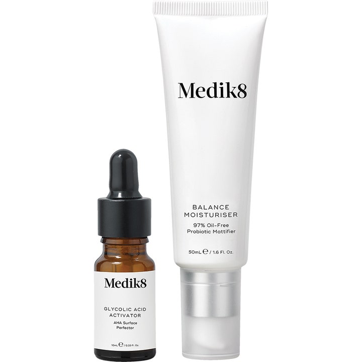 Medik8 Balance Moisturiser 50ml og Glycolic Acid Activator 10ml i hvid tube og brun glasflaske med pipette