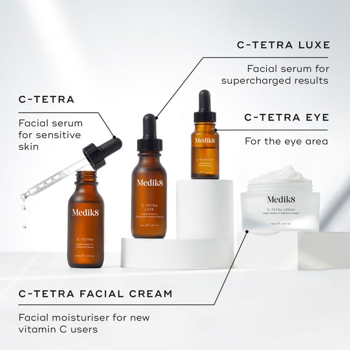 Medik8 C-Tetra Eye 7 ml øjenserum med C-vitamin i en lille brun glasflaske sammen med C-Tetra serien.