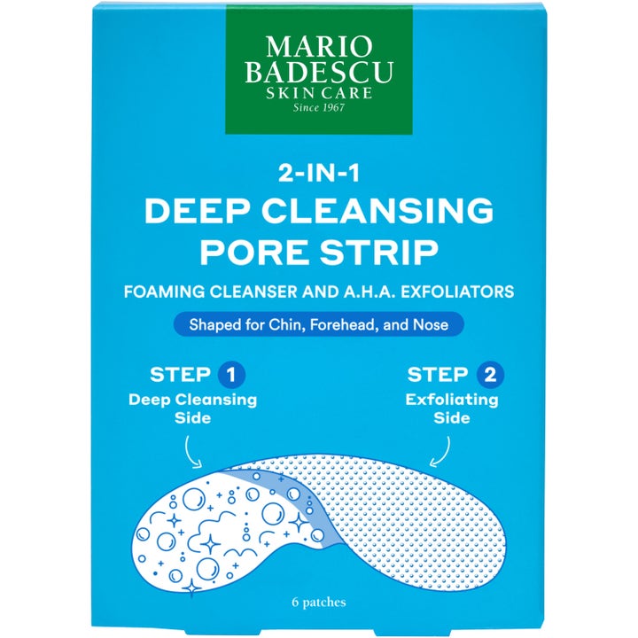 Mario Badescu 2-in-1 Deep Cleansing Pore Strip 6 stk dybderensende porerstrips i lyseblå æske med AHA-eksfoliering.