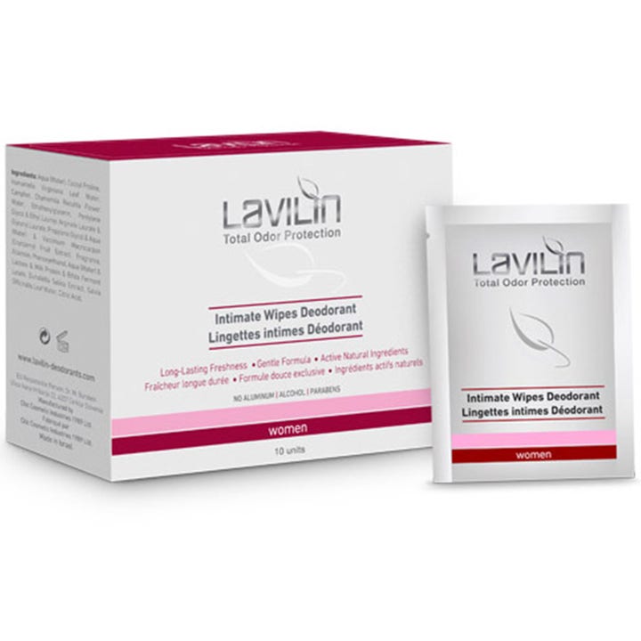 Lavilin Intimate Wipes Deodorant 10 stk intimpleje giver friskhed i hvid æske med en enkeltpakket vådserviet