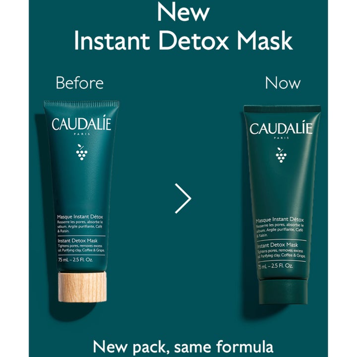 Caudalie Instant Detox Mask 75 ml ansigtsmaske viser før og nu design på mørkegrønne tuber
