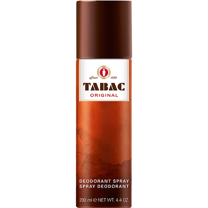 Tabac Original Deodorant Spray 200 ml giver friskhed i en brun sprayflaske med hvid etiket og brunt låg.