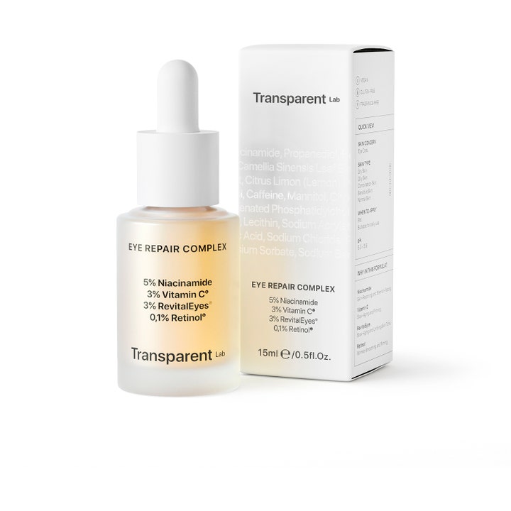 Transparent Lab Eye-Repair Complex 15 ml øjencreme med niacinamid og retinol i frostet glasflaske med pipette og æske