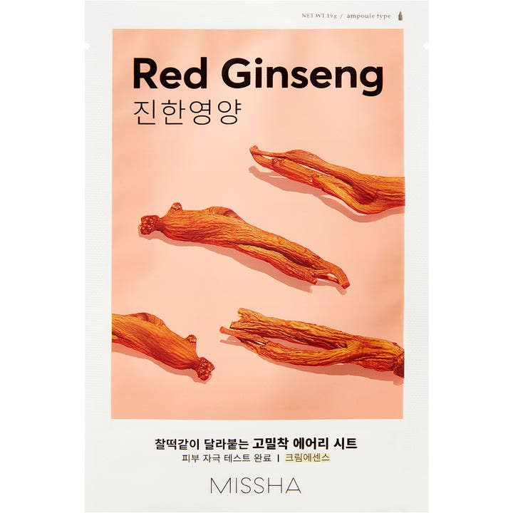 Missha Red Ginseng 19g nærende sheet maske i hvid sachet med illustration af tørrede røde ginsengrødder