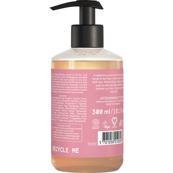 Urtekram Hand Wash Soft Wild Rose 300 ml plejende håndsæbe i gennemsigtig flaske med lyserød etiket og sort pumpe