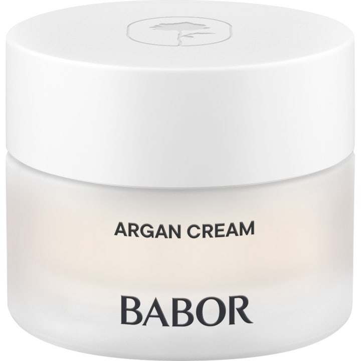 Babor Argan Cream 50 ml nærende ansigtscreme i en hvid frostet glaskrukke med stilrent hvidt låg