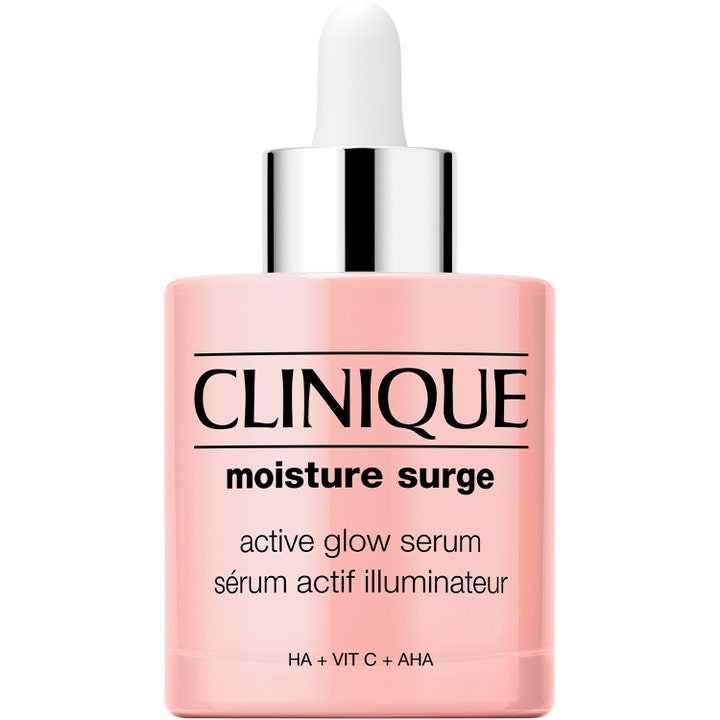 Clinique Moisture Surge Active Glow Serum fugtgivende serum i lyserød flaske med sølvfarvet låg og hvid pipette