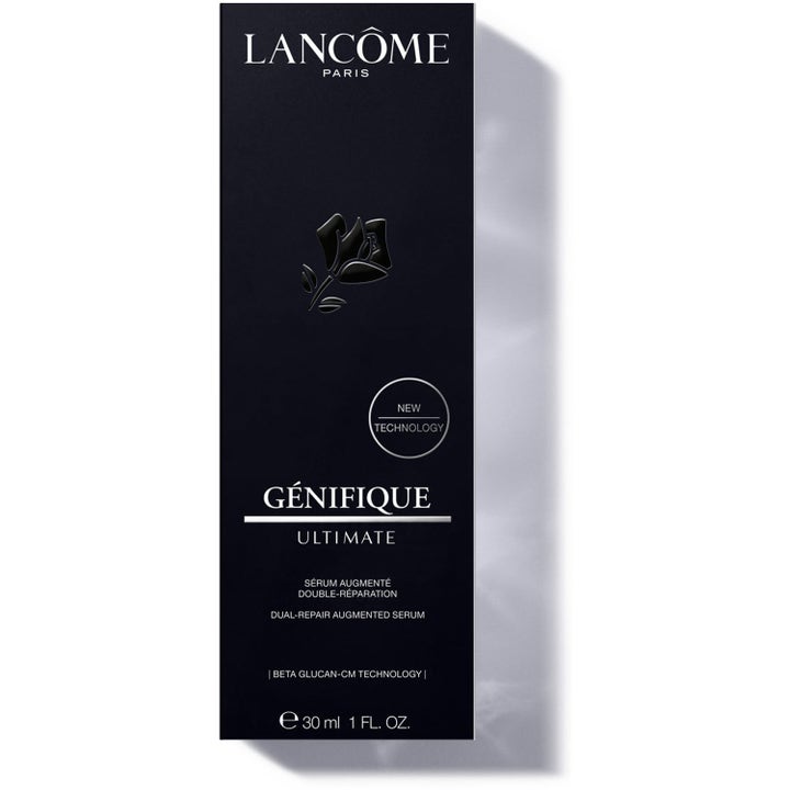 Lancôme Génifique Ultimate 30 ml reparerende serum i sort æske med sølvtekst og ikonisk rose