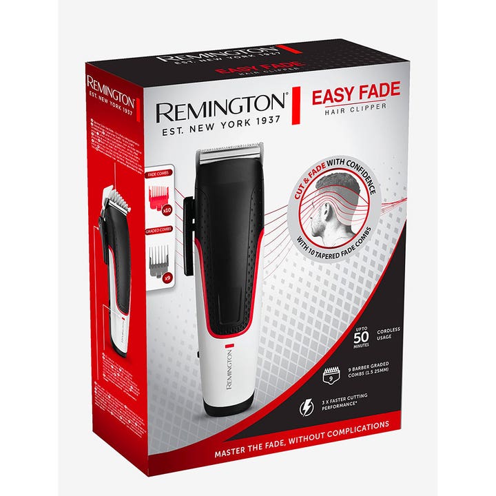 Remington Easy Fade Hair Clipper 1 stk hårtrimmer i hvid og sort emballage med 10 fade kamme