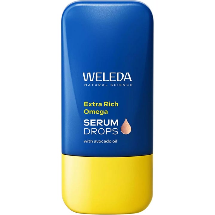 Weleda Extra Rich Omega Serum Drops nærende ansigtsserum med avocadoolie i en blå beholder med gul bund