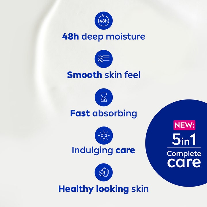 NIVEA Smooth Caring Lotion 250 ml body lotion med hvid creme og blå symboler for 5in1 Complete Care fordele.