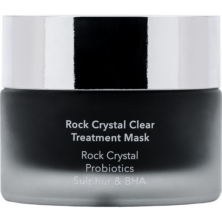 Rock Crystal Clear Treatment Mask ansigtsmaske med BHA mod urenheder i sort krukke med blankt sølvlåg.
