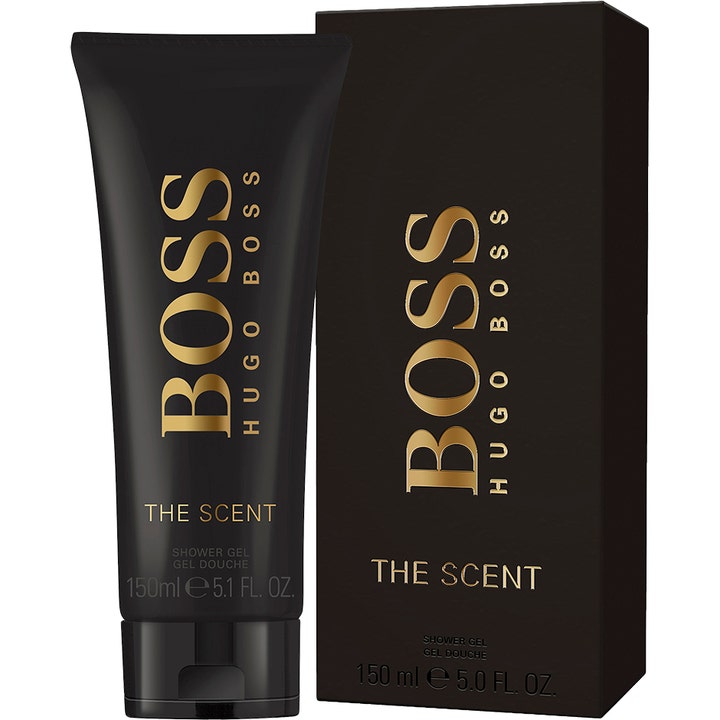Hugo Boss Boss The Scent 150 ml showergel renser huden og præsenteres i sort tube og matchende æske med guldtekst.