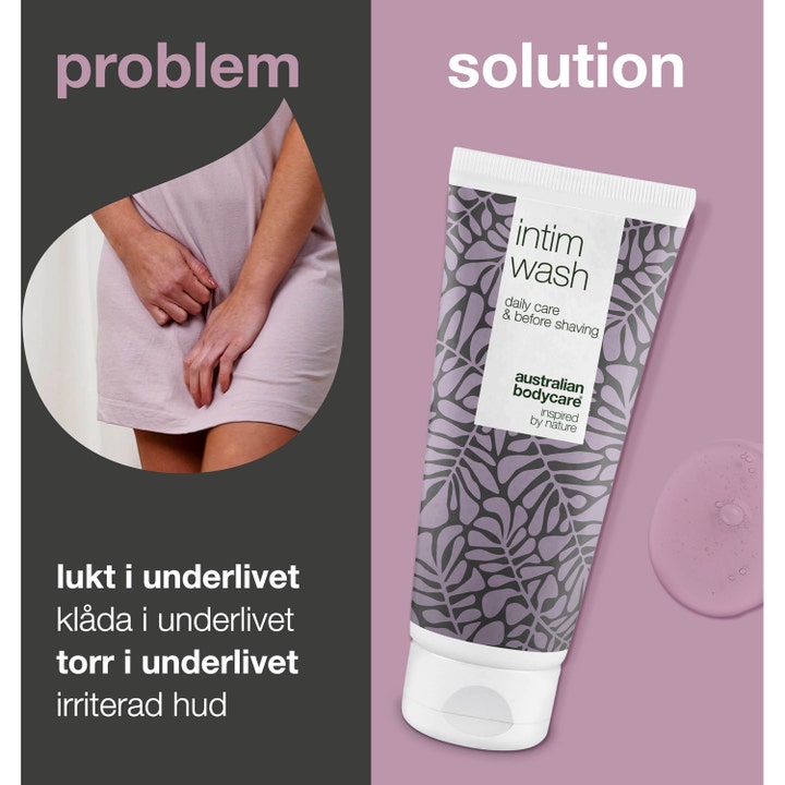 Australian Bodycare Intim Wash 200 ml mod lugt og kløe i en tube med bladmotiv ved siden af en klar gelé