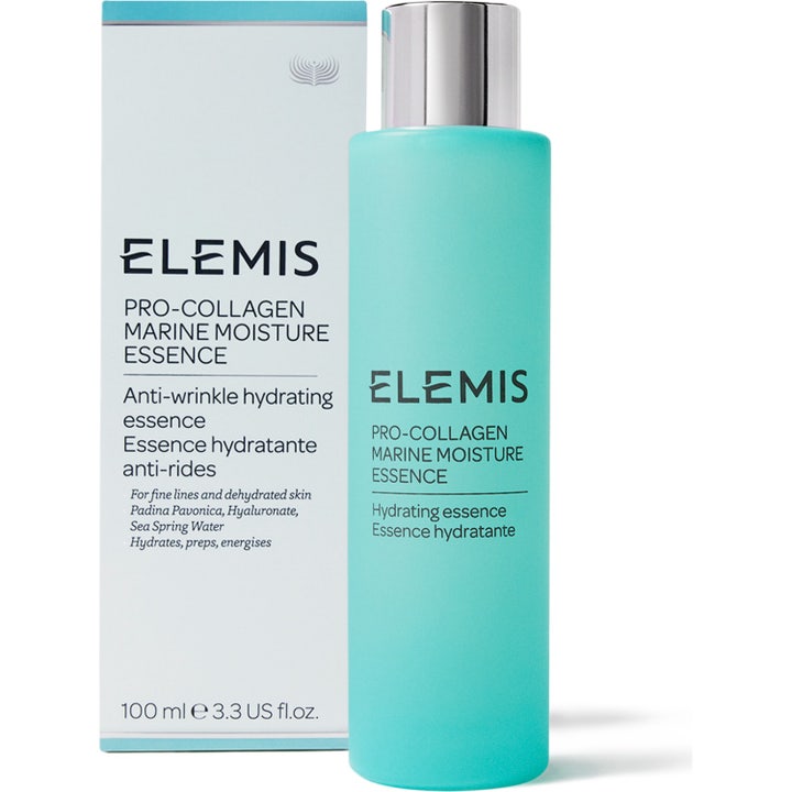 Elemis Pro-Collagen Marine Moisture Essence 100 ml fugtgivende essence i lyseblå flaske med sølvlåg