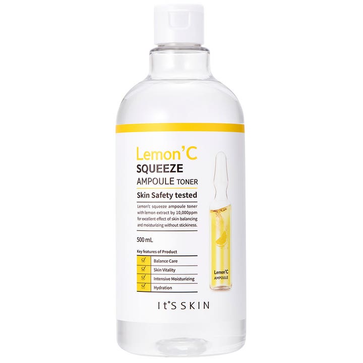 It'S SKIN Lemon'C Squeeze Ampoule Toner 500 ml fugtgivende ansigtstoner der giver glød i klar flaske med hvidt låg