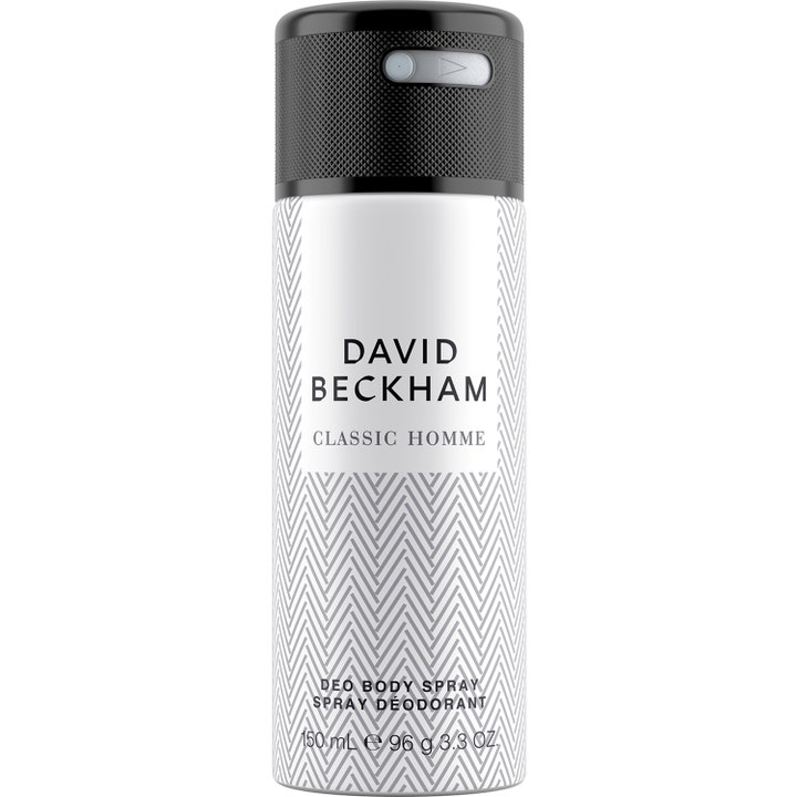 David Beckham Classic Homme 150 ml deo body spray giver friskhed i hvid spraydåse med gråt sildebensmønster og sort låg