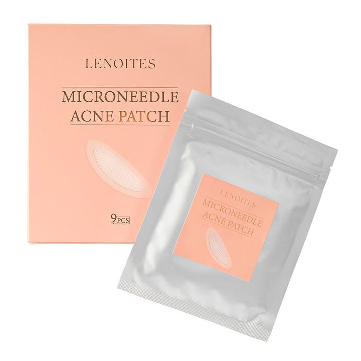 Lenoites Microneedle Acne Patch 9 stk spot treatment mod urenheder i ferskenfarvet æske og sølvfarvet pose