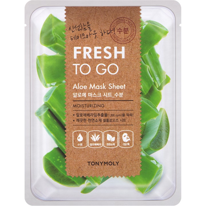 TonyMoly Fresh To Go Aloe Mask Sheet 1 stk fugtgivende arkmaske med brune labels og grønne aloe vera skiver