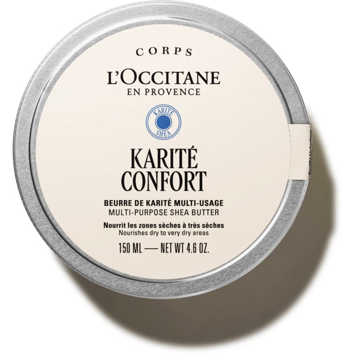 L'Occitane Karité Confort 150 ml nærende shea butter til tør hud i en rund metaldåse med cremehvid etiket.