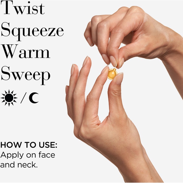 Elizabeth Arden Ceramide Capsules 60 stk genopbyggende serum viser hænder der åbner en gylden kapsel og teksten Twist Squeeze.